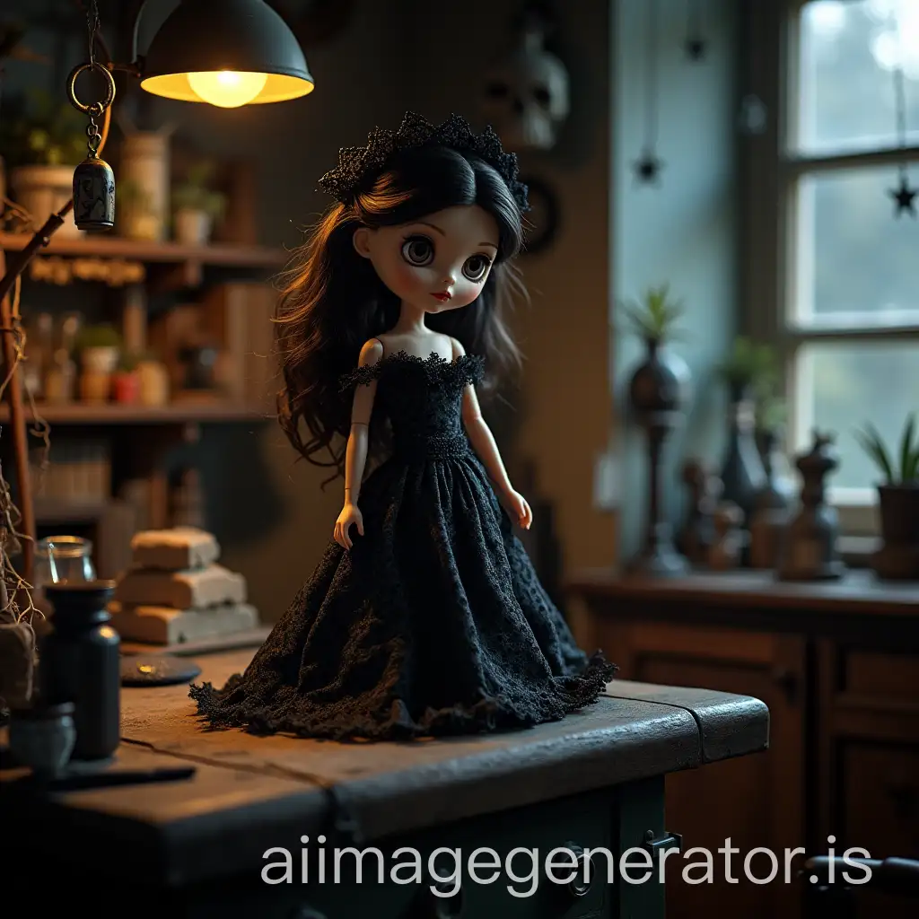 Gothic-Dollmaker-Workshop-with-Blythe-Doll-in-Ornate-Black-Dress-Under-Moonlight