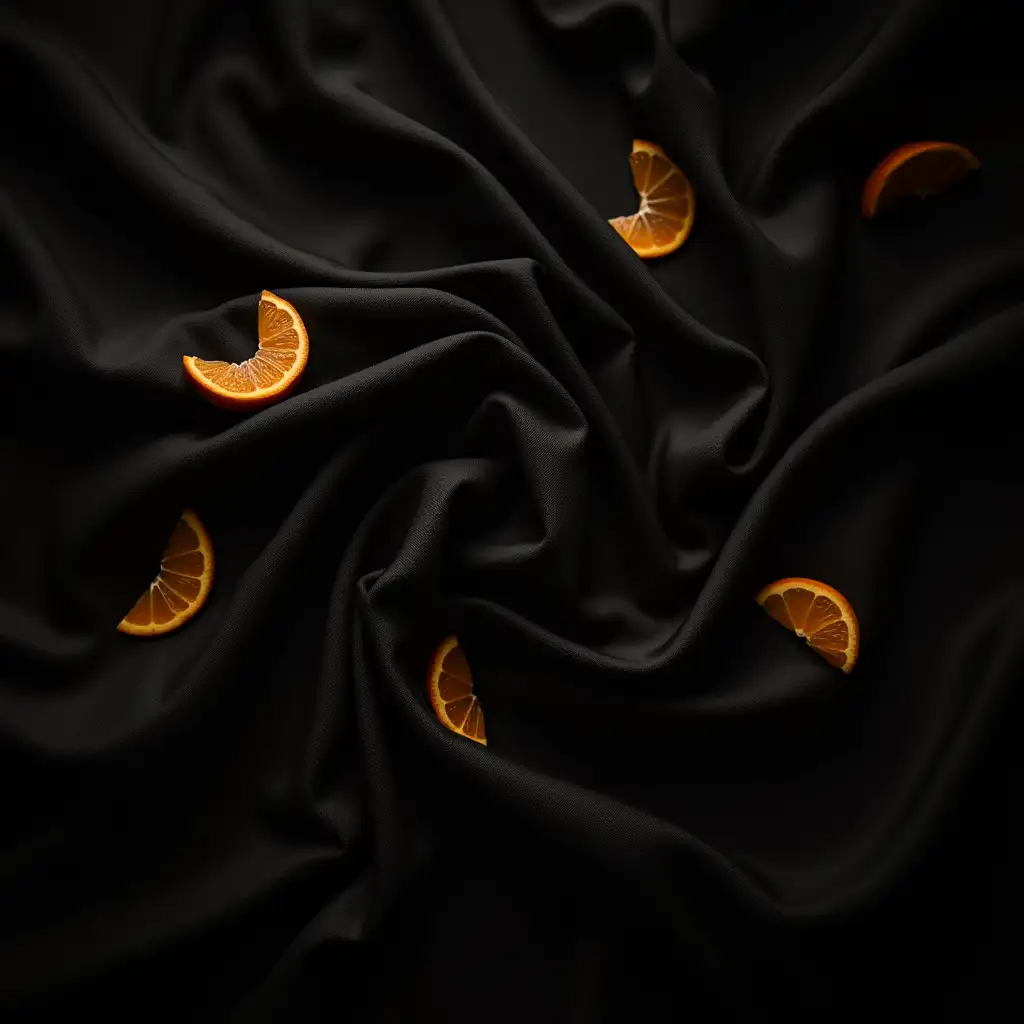 black silk fabric with splashes of orange juice