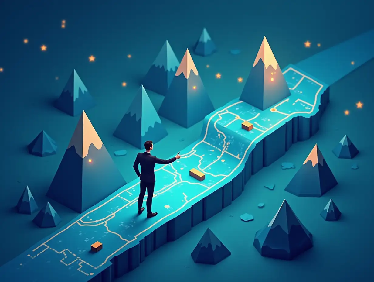 Create a professional, dynamic visual for a career consultant's profile banner (1920x768 pixels). Show a modern isometric career navigation map with a well-dressed career guide (male, 40s, professional attire) pointing the way through career obstacles (visualized as mountains and chasms) toward opportunity markers (glowing stars and treasure chests). The map should have a digital appearance with a deep blue background resembling a night city map with glowing pathways in teal and gold. Include career journey checkpoint icons representing different services: compass (diagnostics), map (strategy), binoculars (hidden job opportunities), and bridge (crisis management). Feature a visual metaphor of two puzzle pieces coming together, representing the philosophy 'The ideal job exists, we just need to help it find you.' Add minimal text including 'Prevraщеnie nevidimogo v bescennoe.' The style should evoke modern navigation apps with sleek isometric graphics, subtle neon accents, and a professional yet innovative feel. Avoid any religious or military themes.