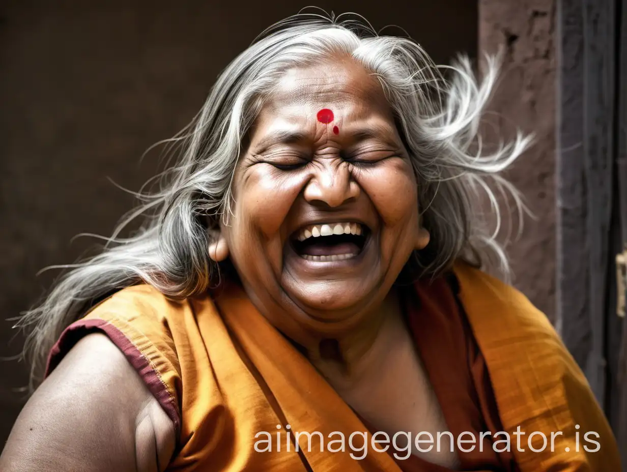 an indian mature fat curvy woman monk having age 75 showing her long hairs she is closing her eyes in happy ness and laughing