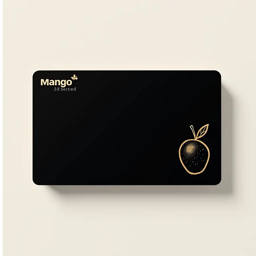 I need the front side for a standard size plastic card. The front should have a mango drawn on it, written 'employee card' and possibly some minimalistic decoration. Color scheme - black-gold monochrome. The aspect ratio of the card: 89x57mm. The front should not have anything but the mango, minimal details, 'employee card' inscription. Mango logo should be shifted to the right. External design is not required, image should be located horizontally. Important edit: mango should be more round, with gradient inside, 'mango' inscription and the mango itself in monochrome on a black background