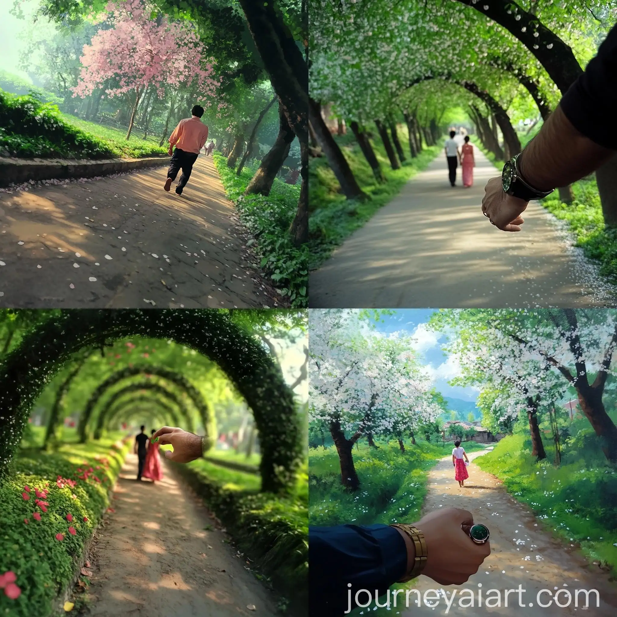 Peaceful-Couple-Walking-Along-Blossom-Flowers-and-Greenery