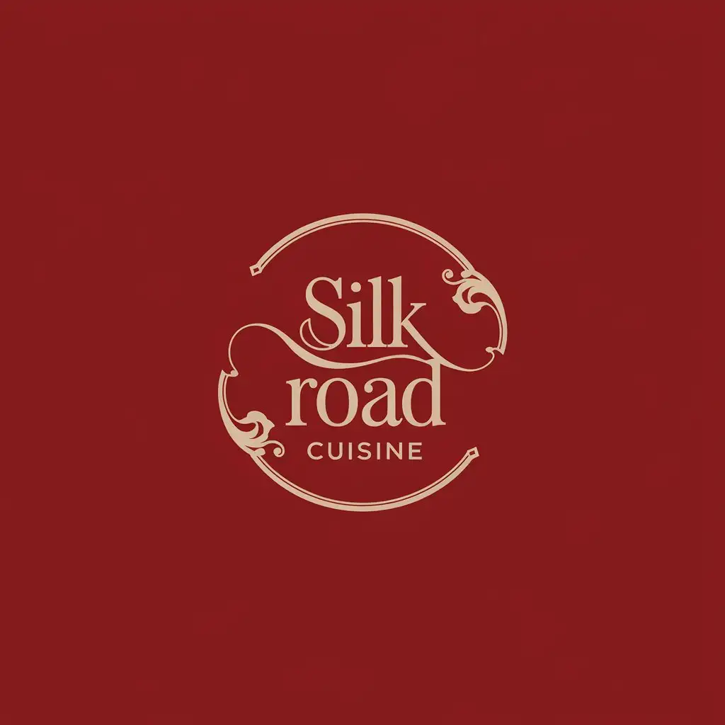 LOGO Design for Silk Road Cuisine Gold Typography with Ornamental Flourishes on Rich Liver Tone Background