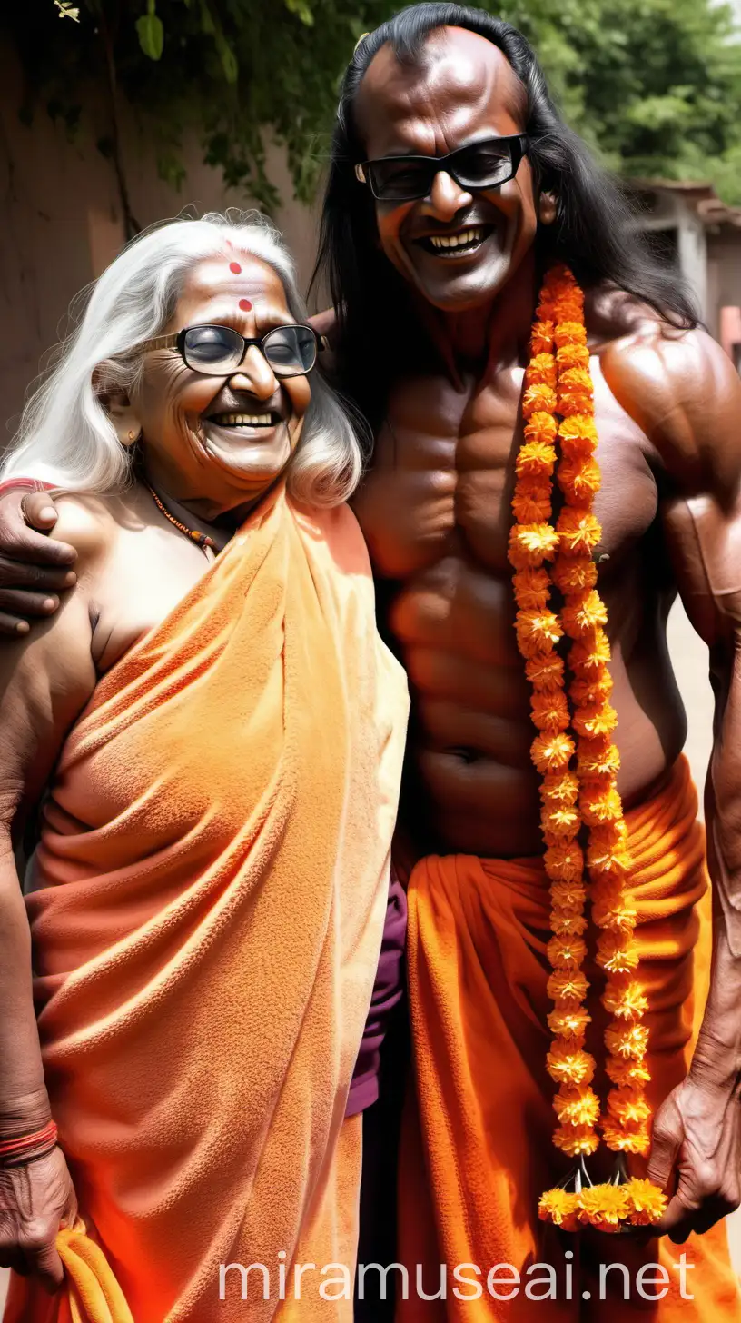 Elderly Hindu Monk Laughing with Bodybuilder and Goat in Sunny Day Scene