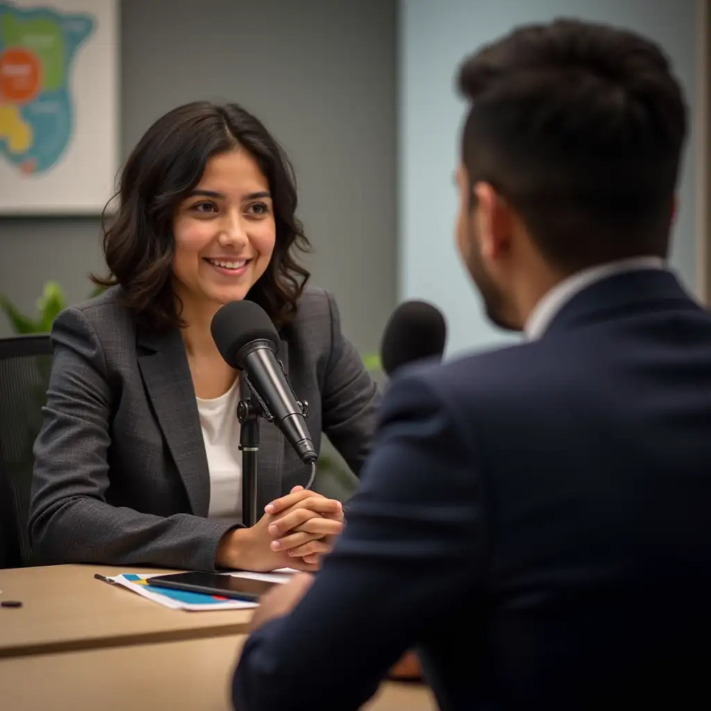 Hispanic-Student-Conducting-Podcast-Interview-with-Professional-in-Suit-and-Tie