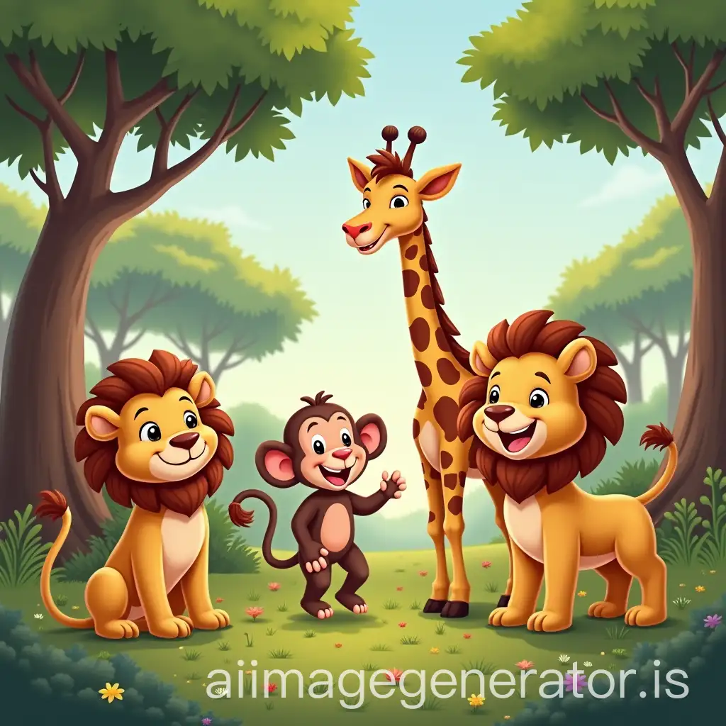 Lion-Monkey-Giraffe-and-Gazelle-Playing-in-a-Lush-Green-Forest