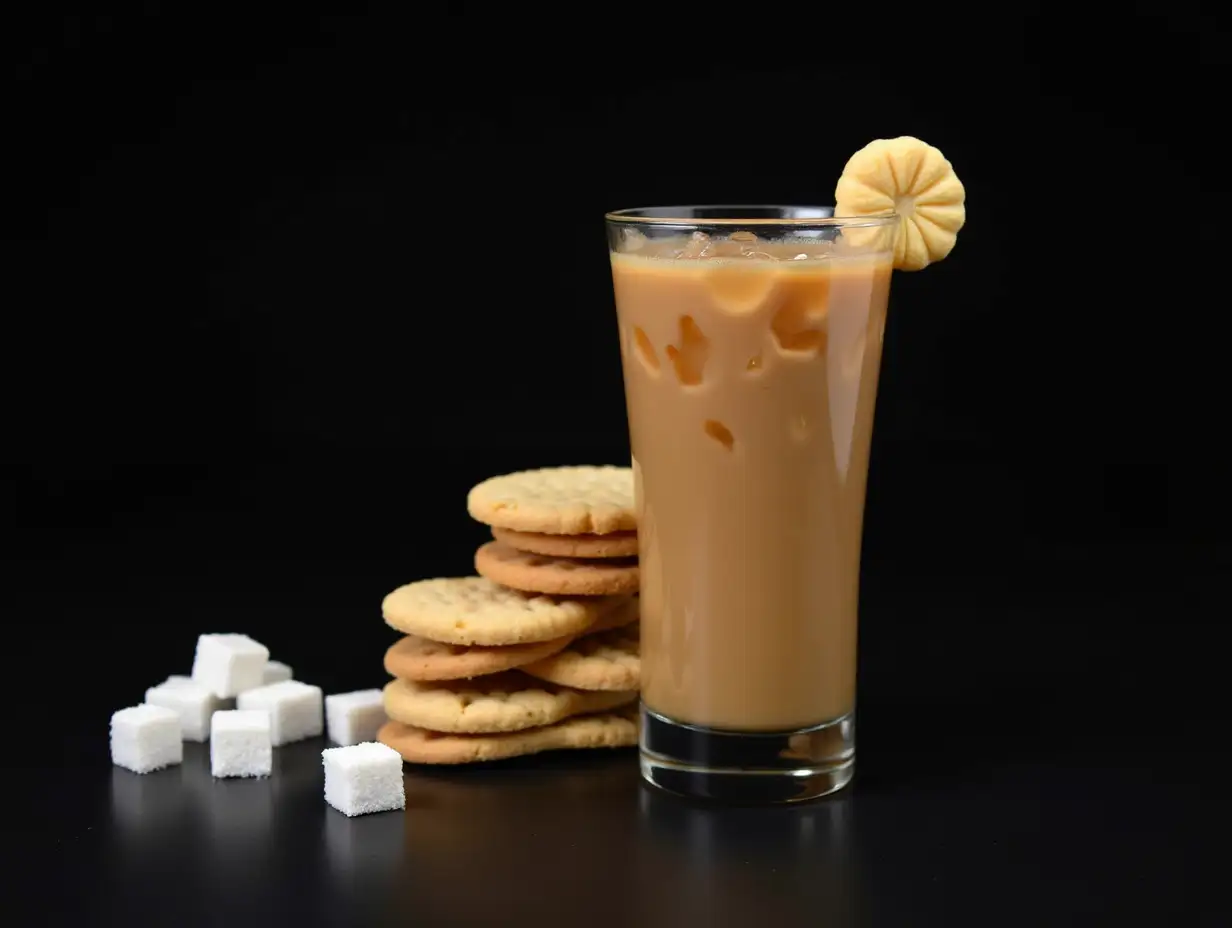 Glass of iced latte with sweet cookies and cubes of sugar on black background