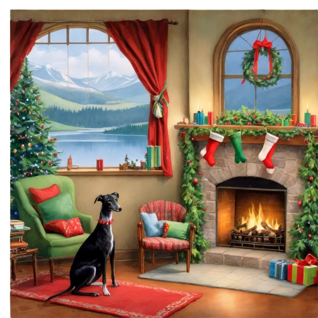 Thomas-Kinkade-Style-Christmas-PNG-Image-with-Cozy-Fireplace-and-Greyhound