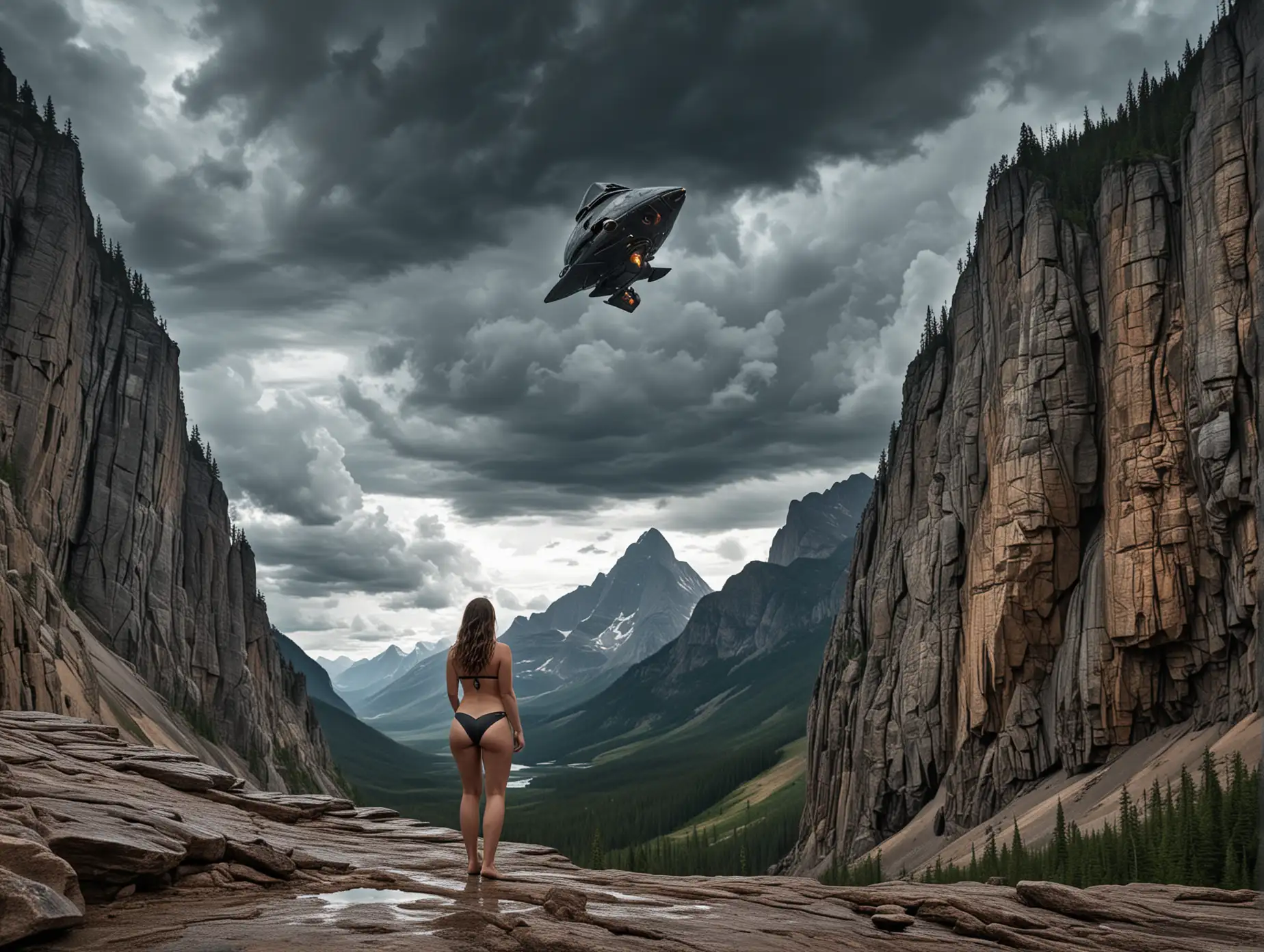 A voluptuous female in a bikini, facing away from the background that includes, an alien ship is seen in dark sky clouds in a mountain valley with high-resolution and highly detailed mountain rock texture in Jasper National Park, with a wide waterfall in the distance. The image is high-quality and high-resolution. No NSFW.