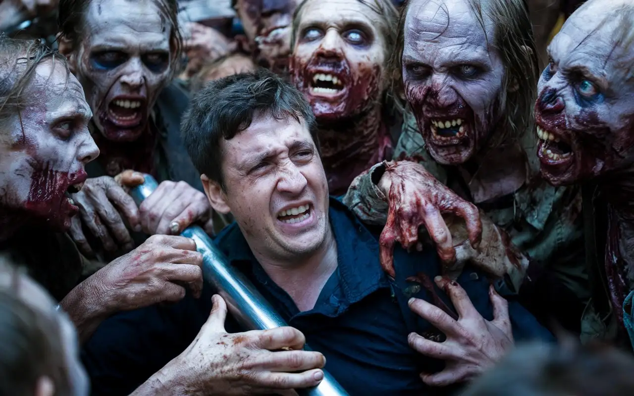 Terrified-Man-Fighting-Off-Zombie-Horde-with-Metal-Pipe