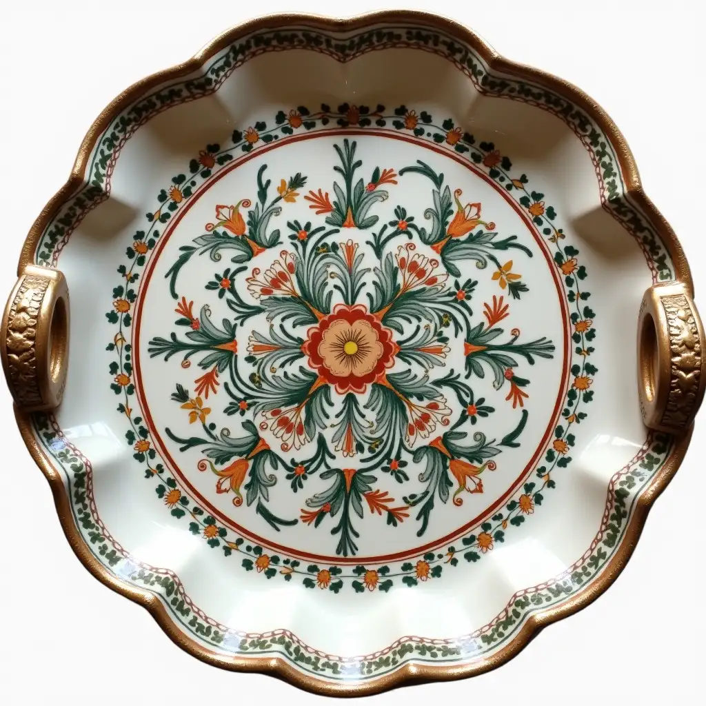 Ruffled edge circle ceramic tray with embossed beautiful handle,Underglaze painting on white body, Fine art, Hyper detailed, Antique and old, Qajar art, Iranian Tabriz carpet design