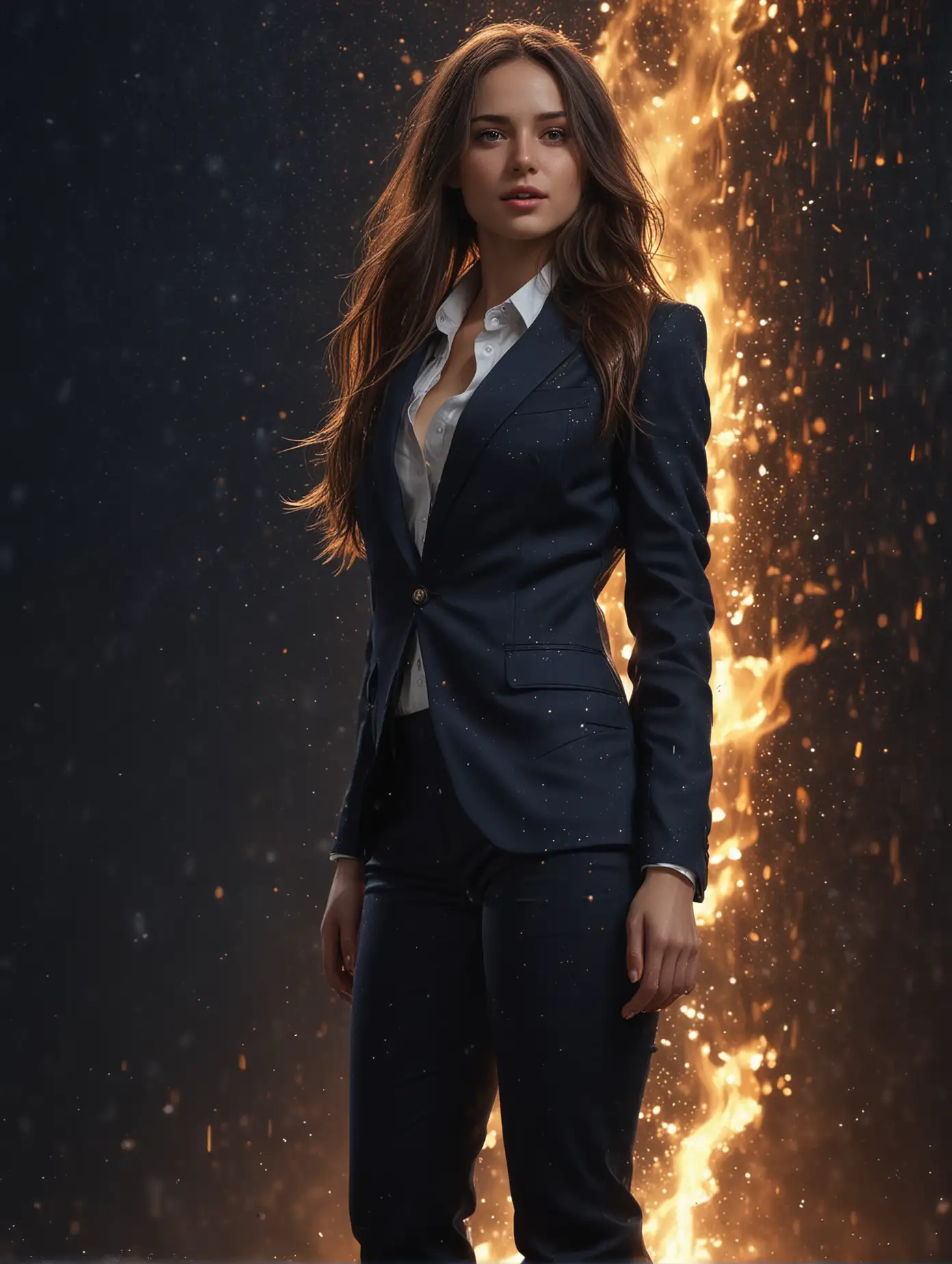 Brunette-Woman-in-Black-Suit-with-Golden-Sparkling-Fire-Rain