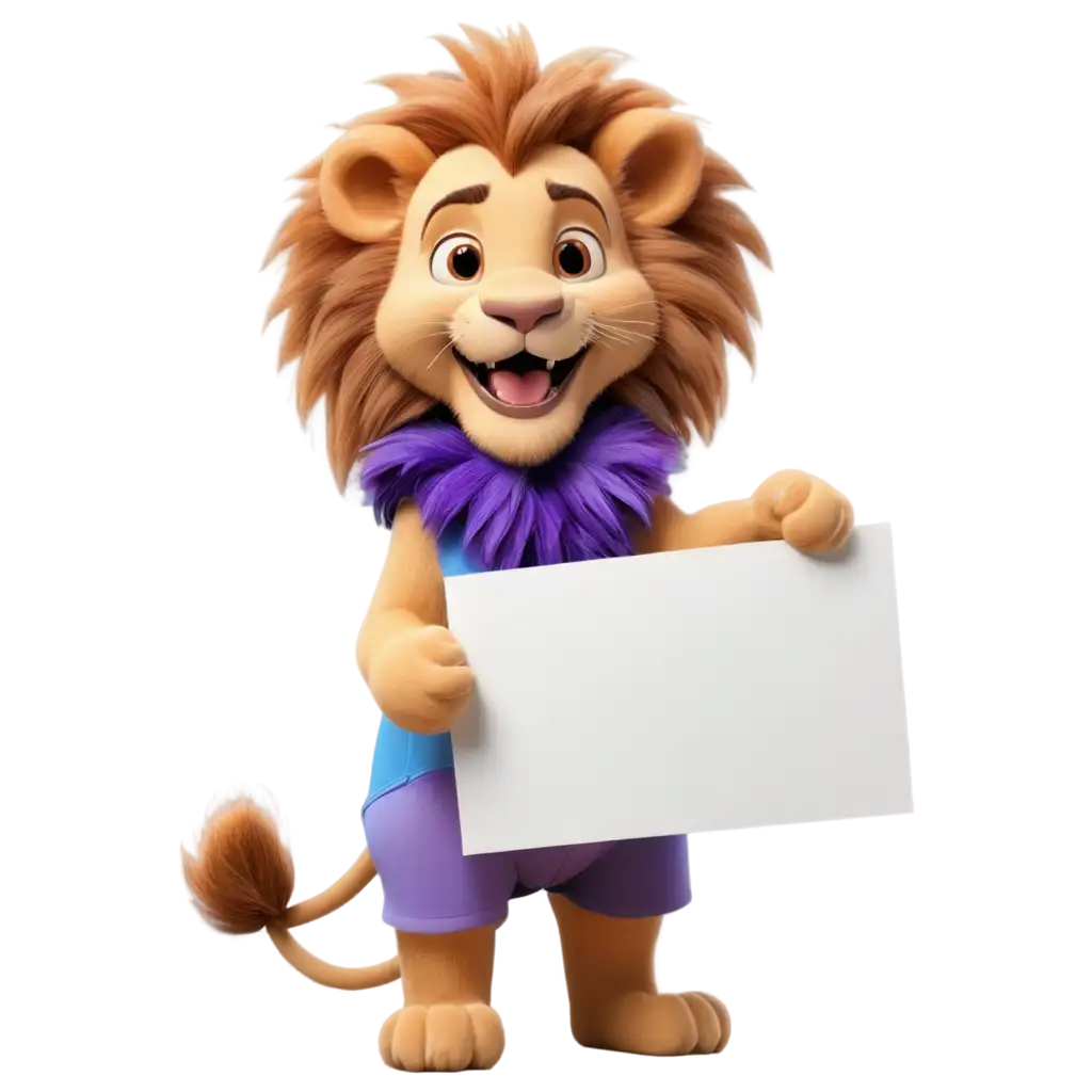 Realistic-PNG-Image-of-a-Happy-Lion-with-Blue-and-Purple-Feathers-Holding-a-Blank-Billboard