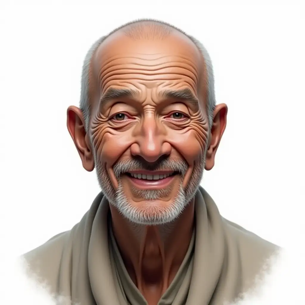 Create a realistic portrait of a 56-year-old man with a penetrating, intelligent gaze, exuding the presence of a wise and contemplative sage. His expression should be calm, relaxed, and serene, with a gentle, Buddha-like smile that reflects inner peace and profound wisdom. The man should have a mature, distinguished appearance, with subtle details like slight wrinkles around the eyes and mouth that show his experience and tranquility. The background should be completely white, emphasizing the simplicity and purity of the image. The overall mood should be one of deep wisdom, serenity, and self-assurance, with a timeless, almost spiritual quality.