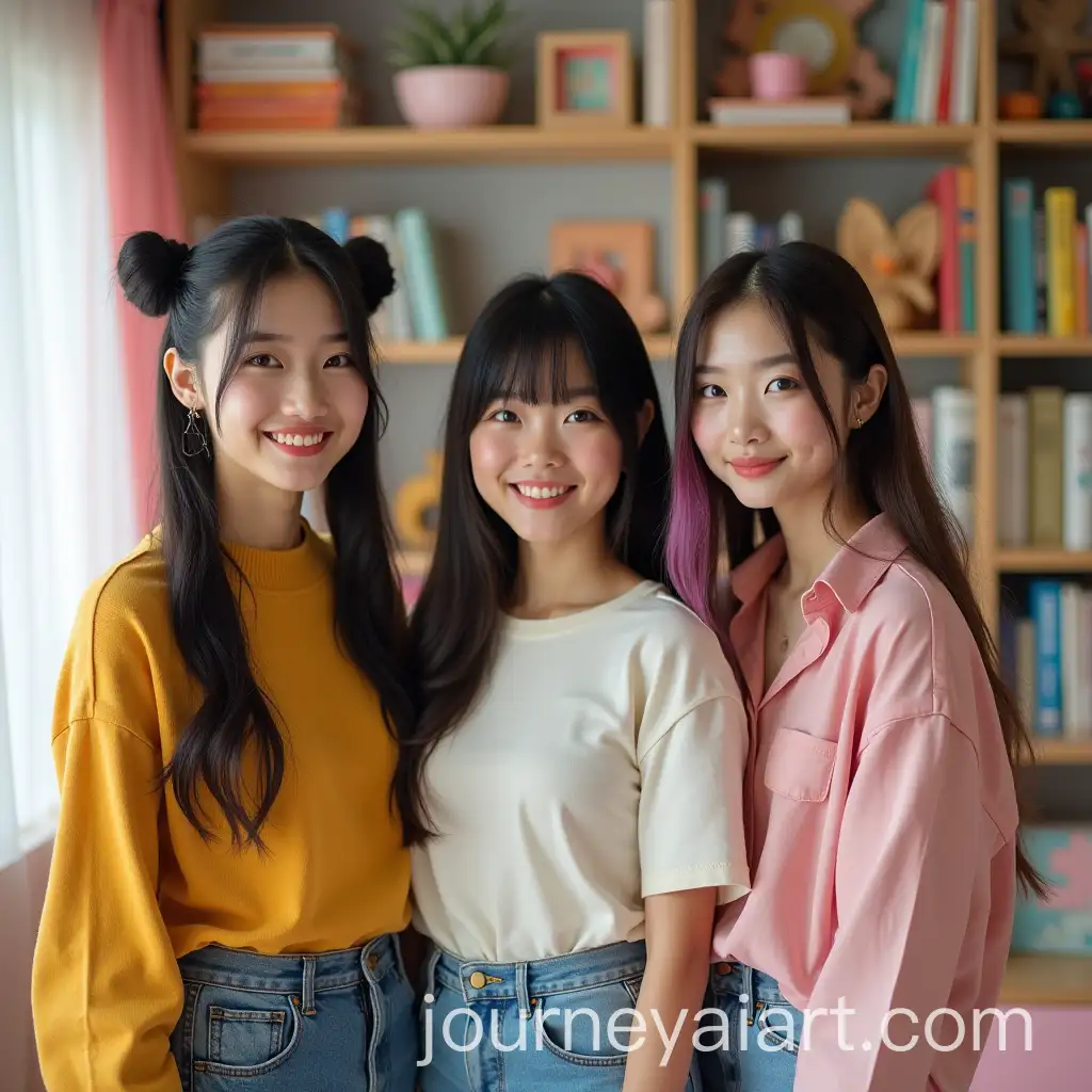 Three-Young-Asian-University-Students-in-Cozy-Shared-Apartment-with-Playful-and-Stylish-Attire
