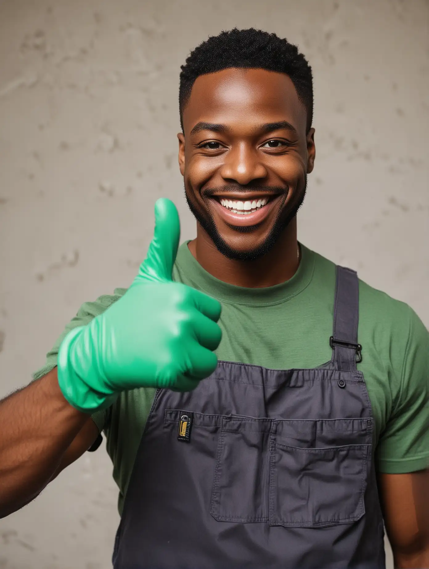 un homme noir qui travaille pour un service d'entretien en souriant montrant le pouce de sa main qui porte un gant vert