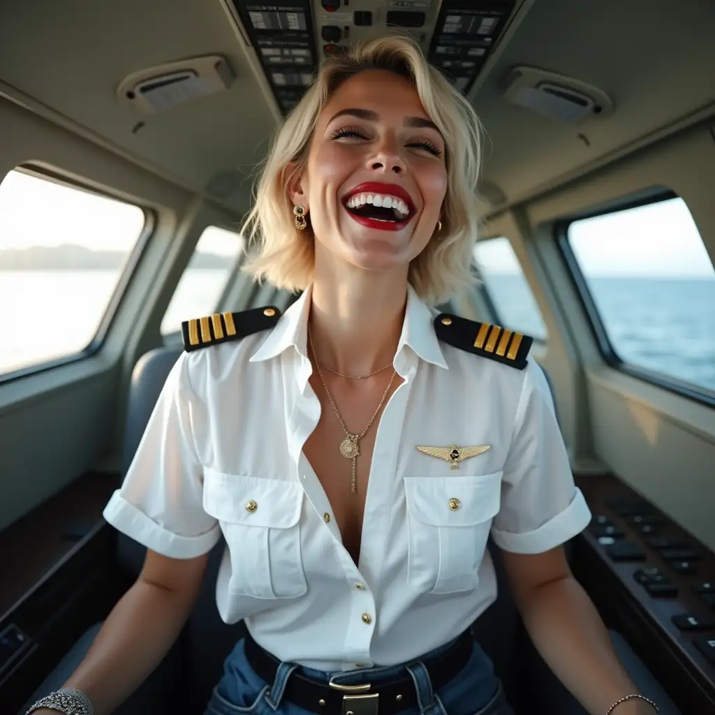 white lady 35 years old , in white pilot shirt, casually deep-necked pilot shirt, laughing with her mouth open, red lipstick accentuating her smile,belt on waist, big wide hips, chest are fully grown, jewerly, shirt buttons visible on shirt, short hair, HD, cabin, photo-realism