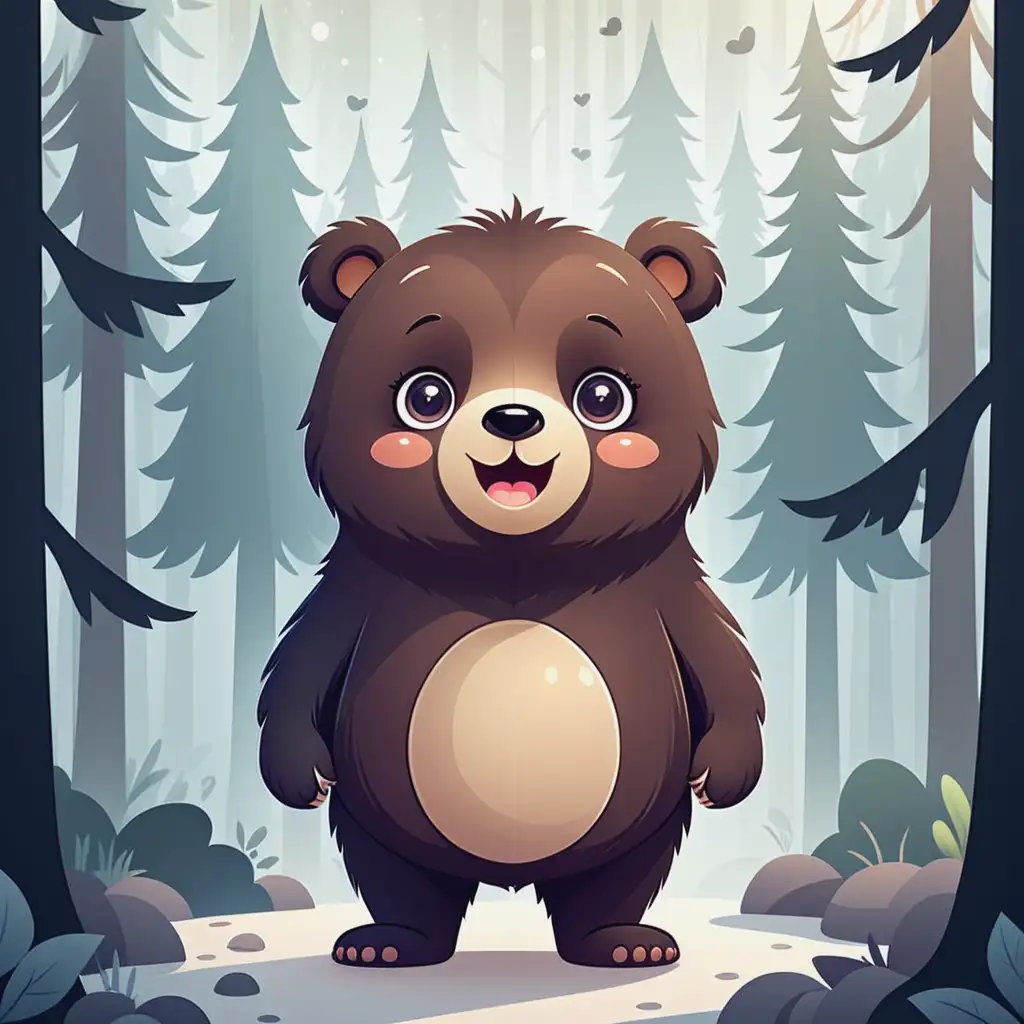 Kawaii Vector Illustration of a Happy Bear in a Mystical Highland Forest