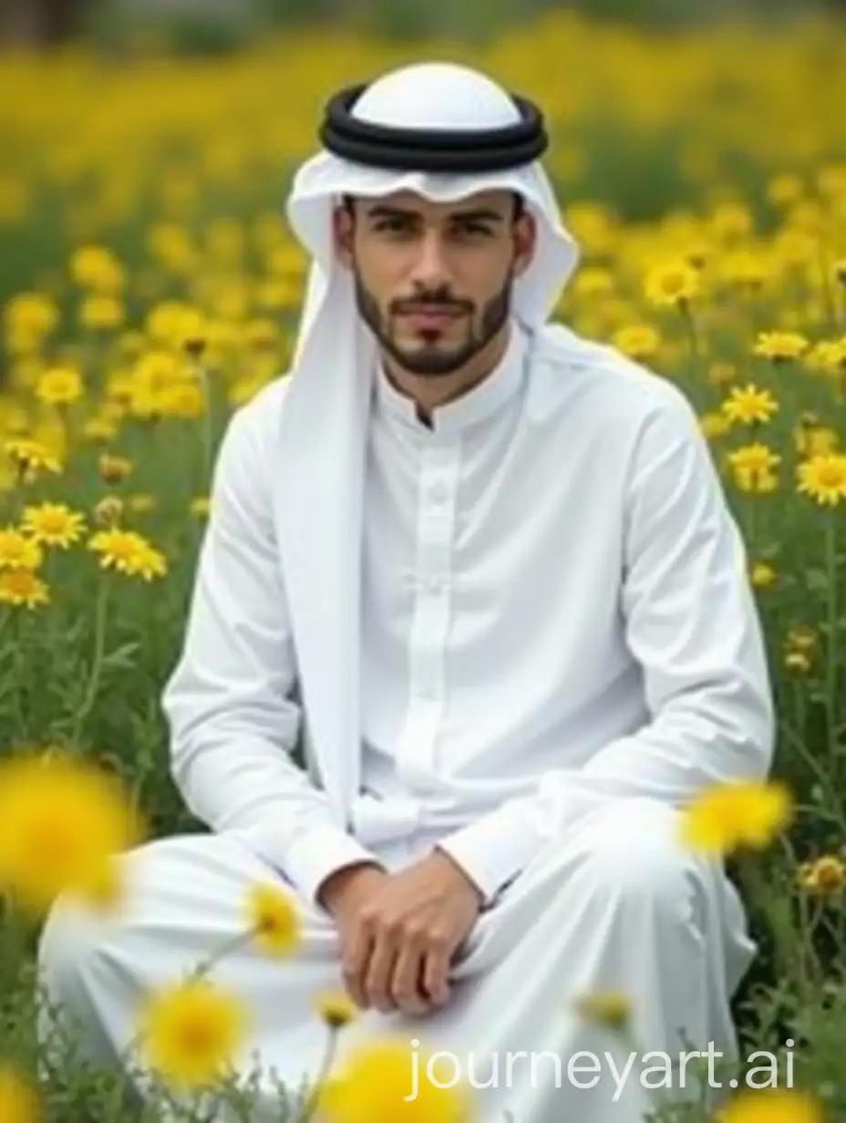 Young-Man-in-White-Muslim-Abaya-Sitting-in-Garden-of-Yellow-Flowers