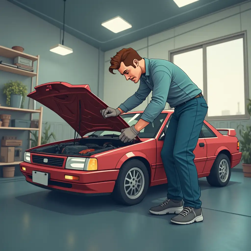 man repairing a car animation