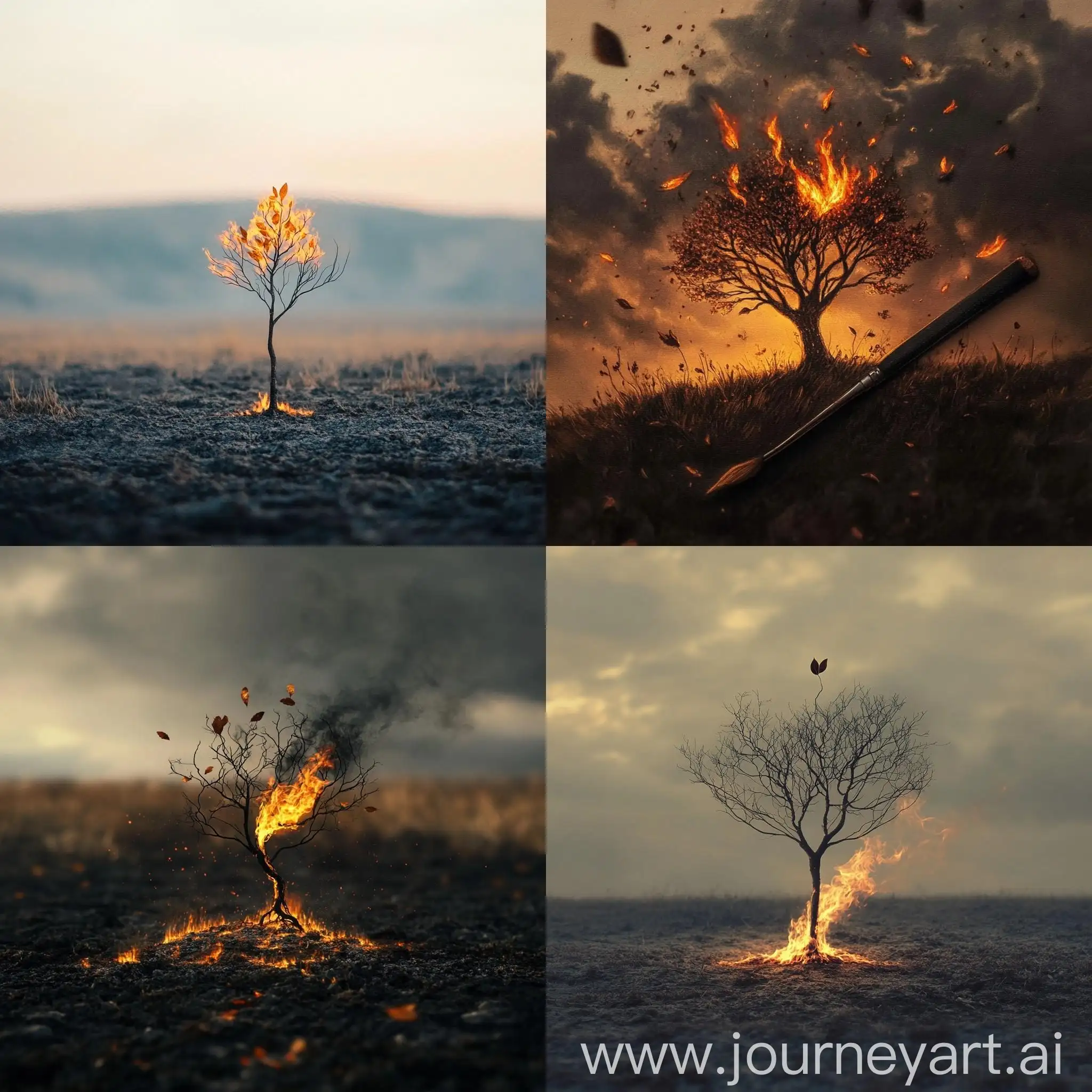 Solitary-Leaf-on-Charred-Tree-Branch-Beside-Fire-in-Field