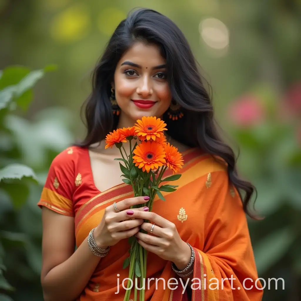 Indian-Woman-in-Saree-Collecting-Flowers-from-Garden