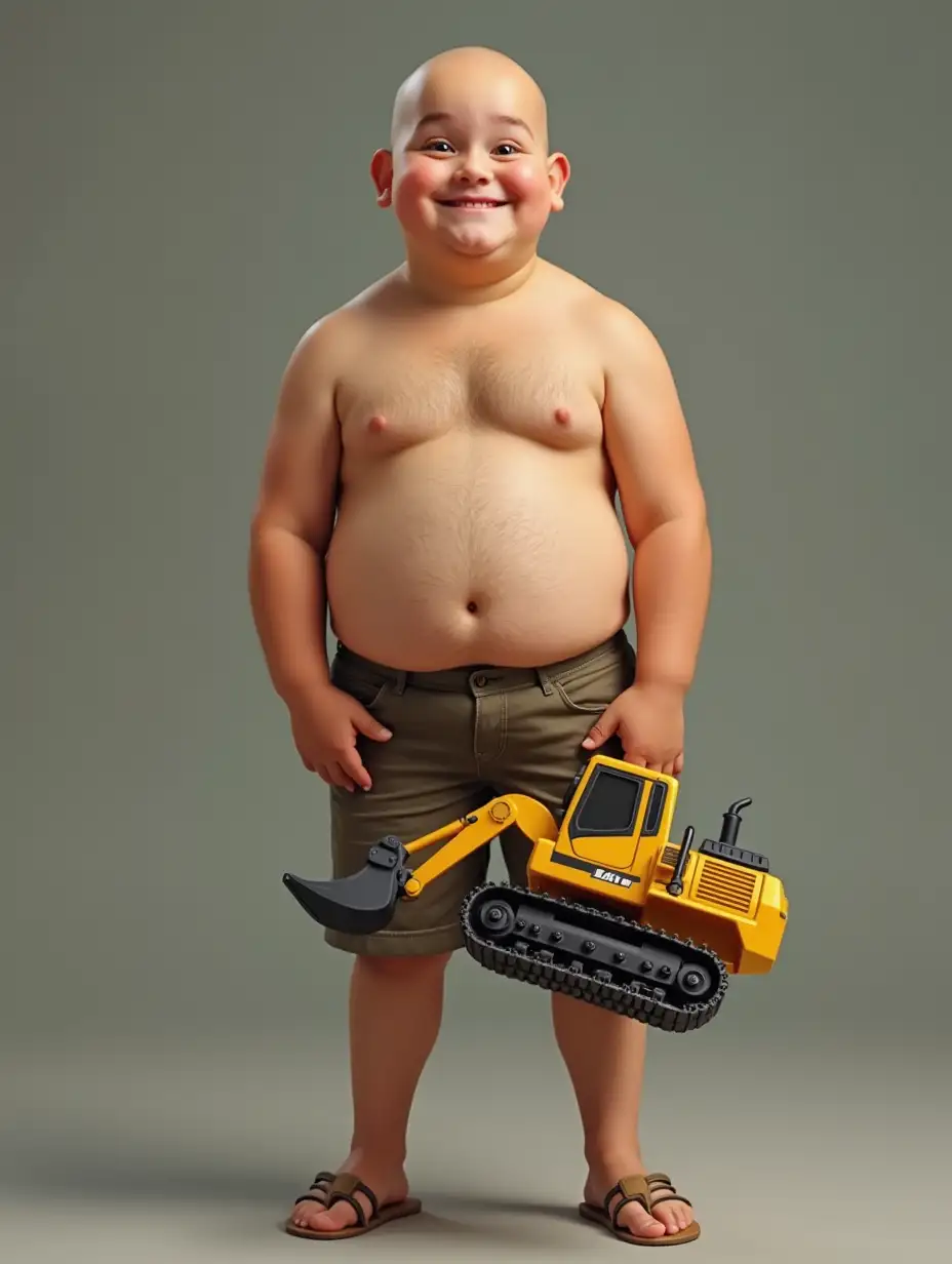 dense, cheerful, bald, shaven young man, in shorts, stands and holds in his hands a yellow, children's excavator. Full height