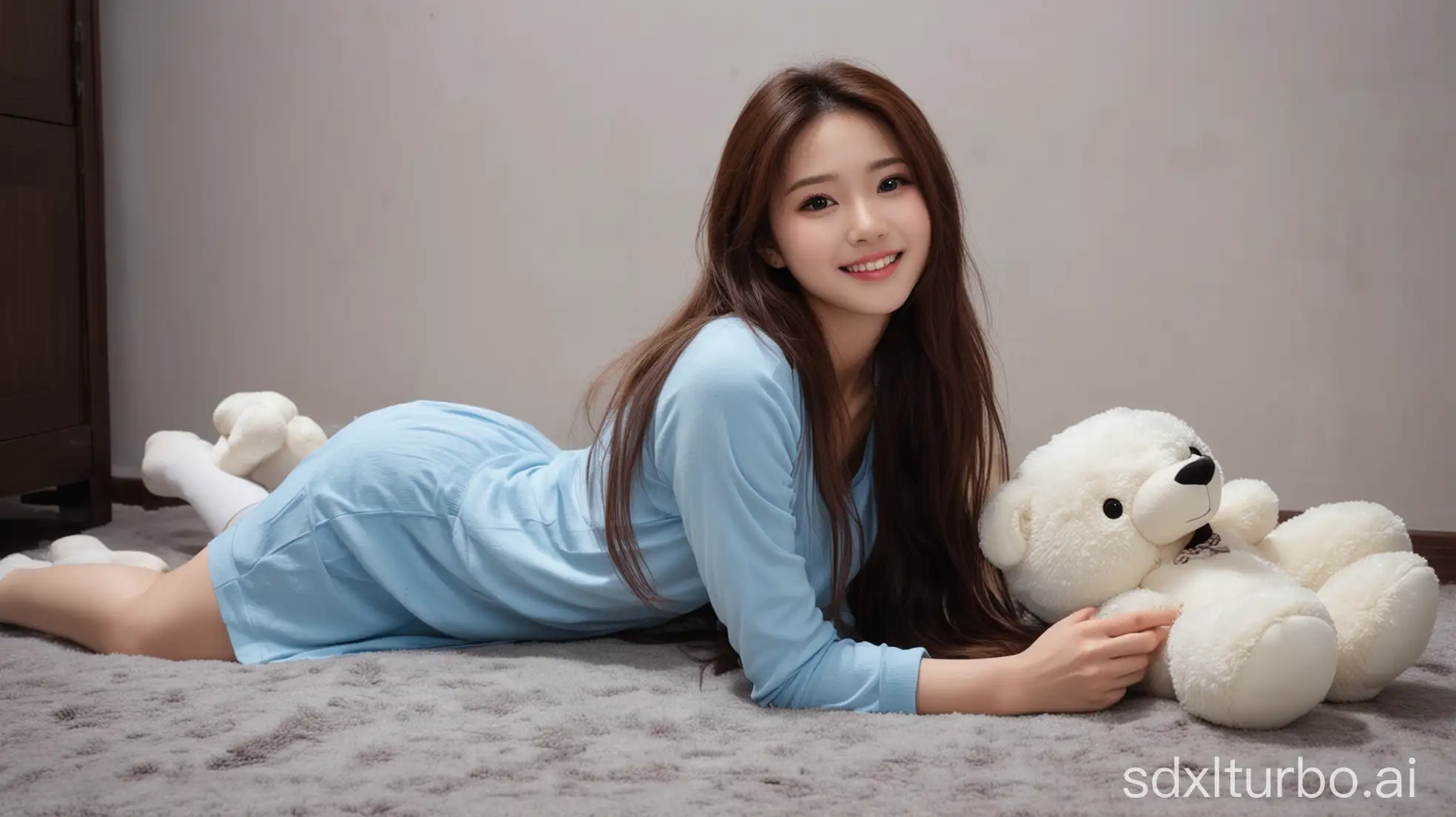 Chinese-Beauty-with-Brown-Hair-and-Sweet-Smile-on-Winter-Night-Hugging-Stuffed-Animal