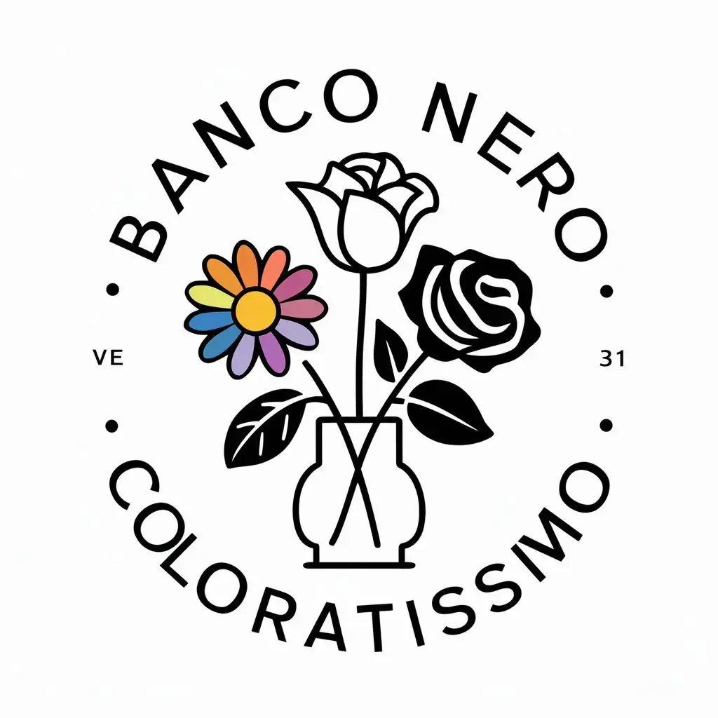 a vector logo design,with the text "Bianco nero coloratissimo", main symbol:A white rose one daisy with multi-colored petals and a black rose in a vase,complex,clear background