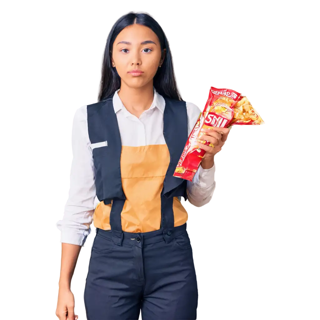 PNG-Image-of-Office-Female-Worker-Holding-Smiths-Chips-with-a-Smile-Ideal-for-Business-Lifestyle-Visuals