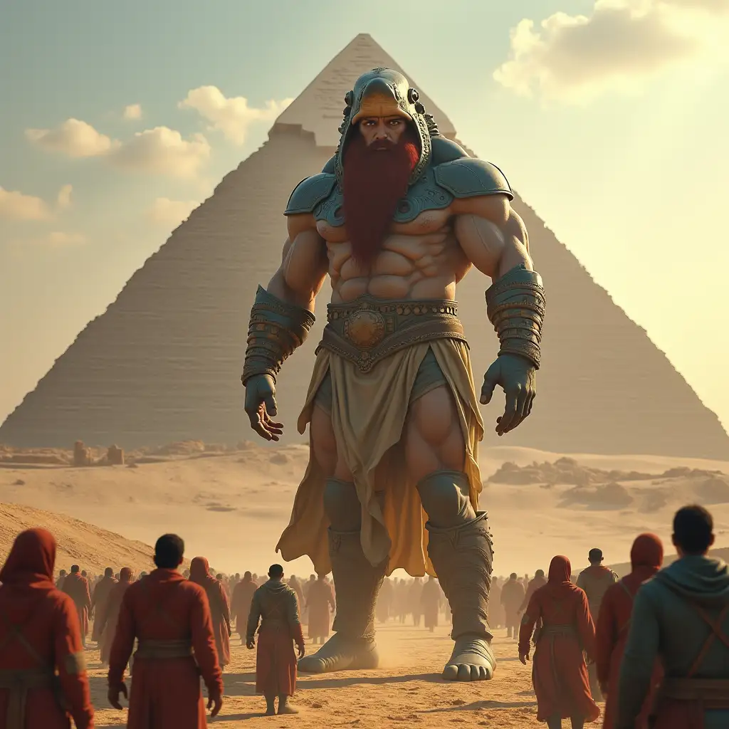 Man titan with shark head, shark skin 10 meters tall with muscles and red beard at the Egyptian pyramid with many people