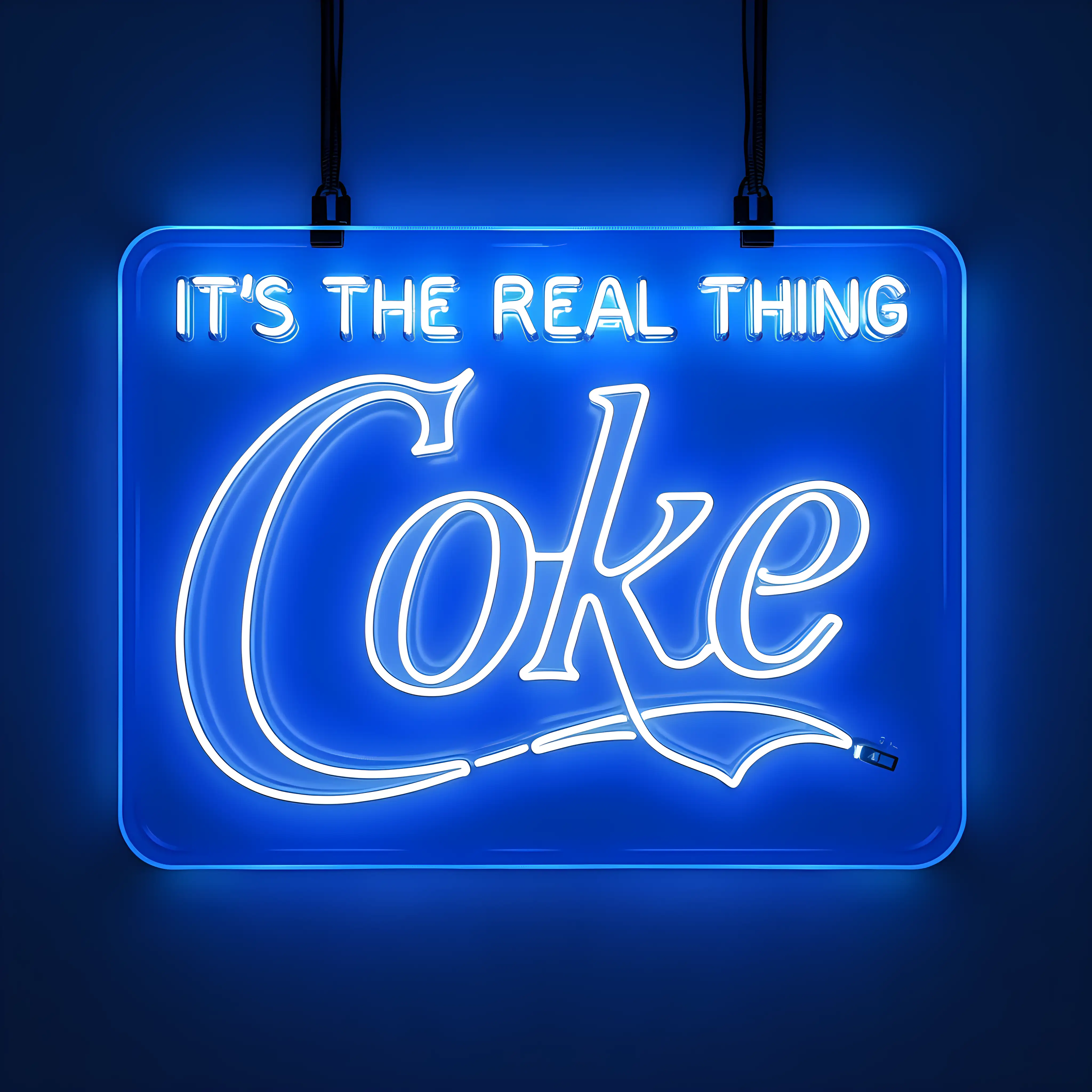Create a photo realistic large square blue neon sign hanging on a blank wall. It says: IT'S THE REAL THING COKE