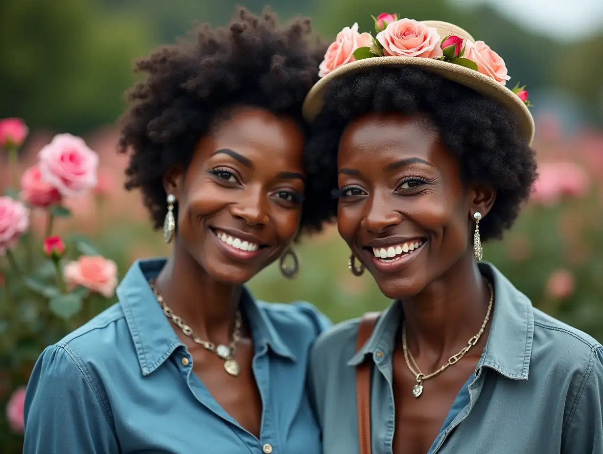 Two 80 year old black women, wearing a blue and gray blouse, a light smile on their face, tattoos, with a retro mini hat with flowers, white lipstick emphasizes their smile, modern jewelry, and much more, in a park with many roses Steampunk 8k quality