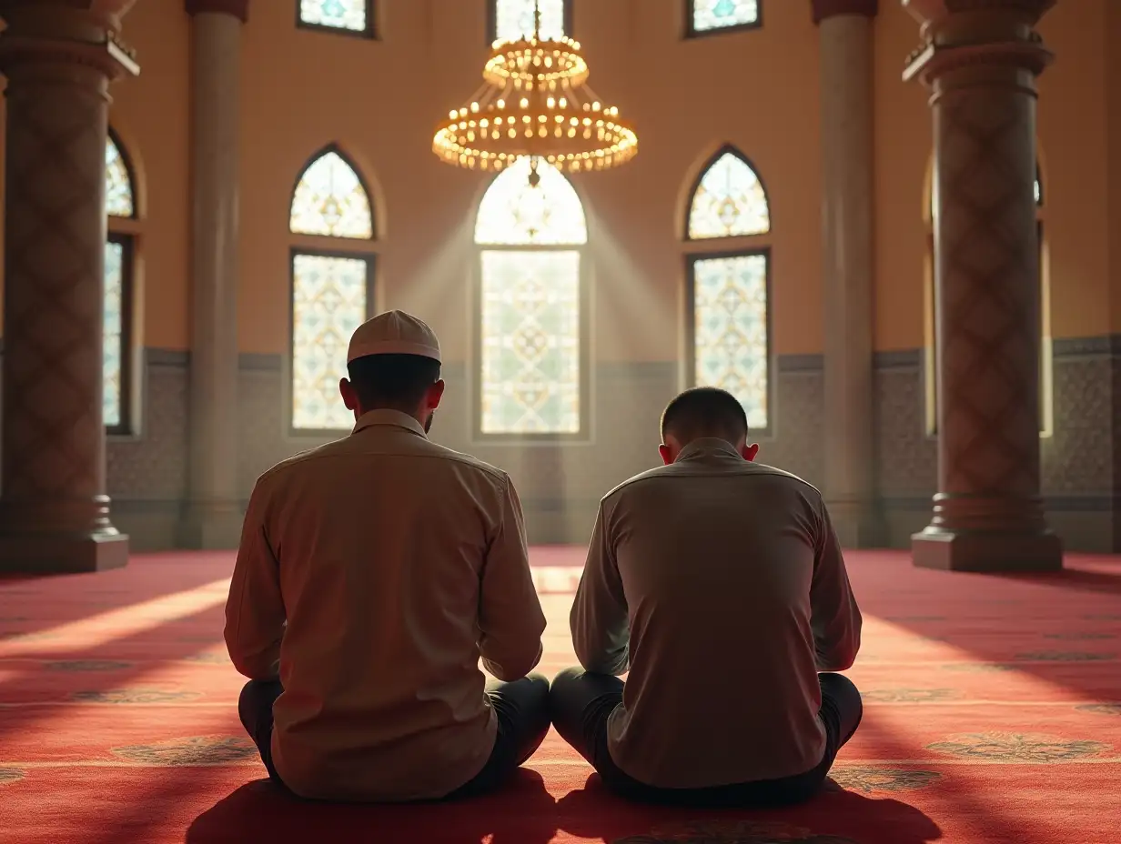 Two young Muslim friend praying salah in mosque,  full area of mosque, from front