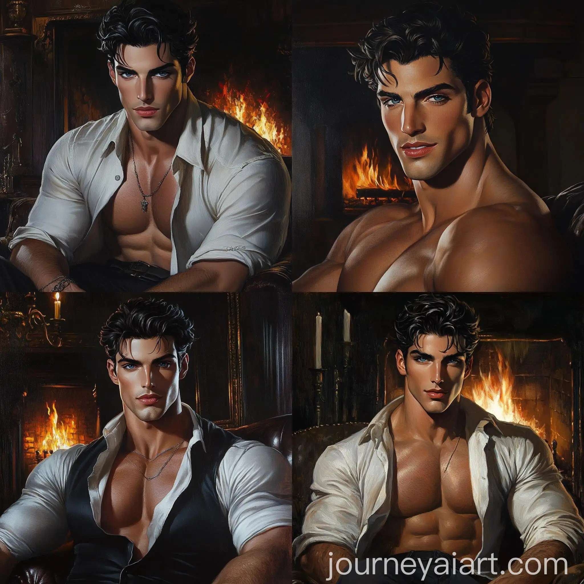 Muscular-Man-by-Fireplace-in-Dark-Room