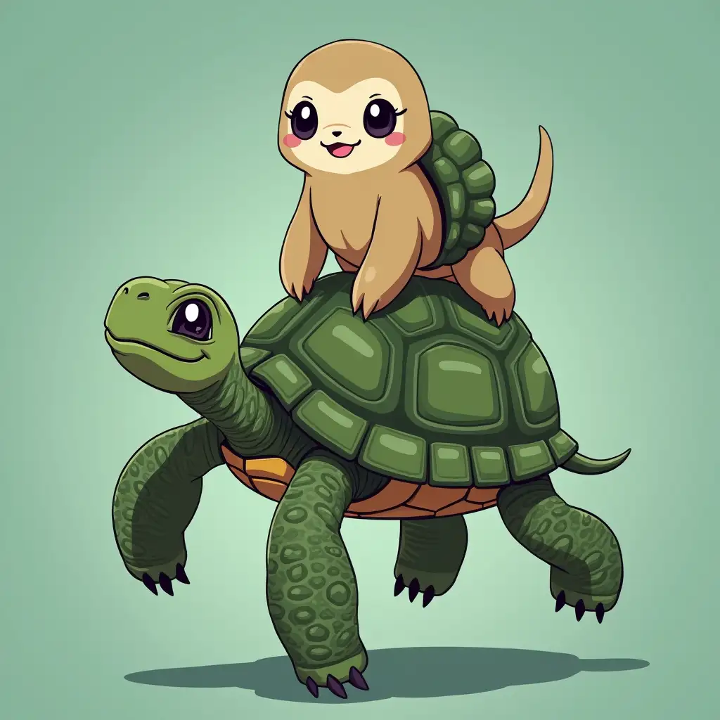 sloth rides on the back of a turtle animé