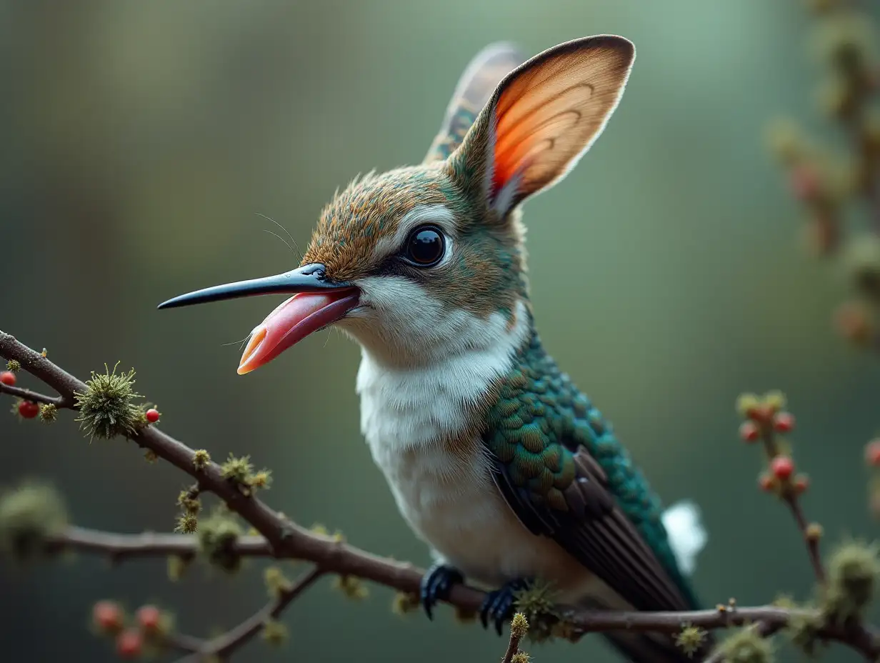 Create a surreal world hummingbird with rabbit head