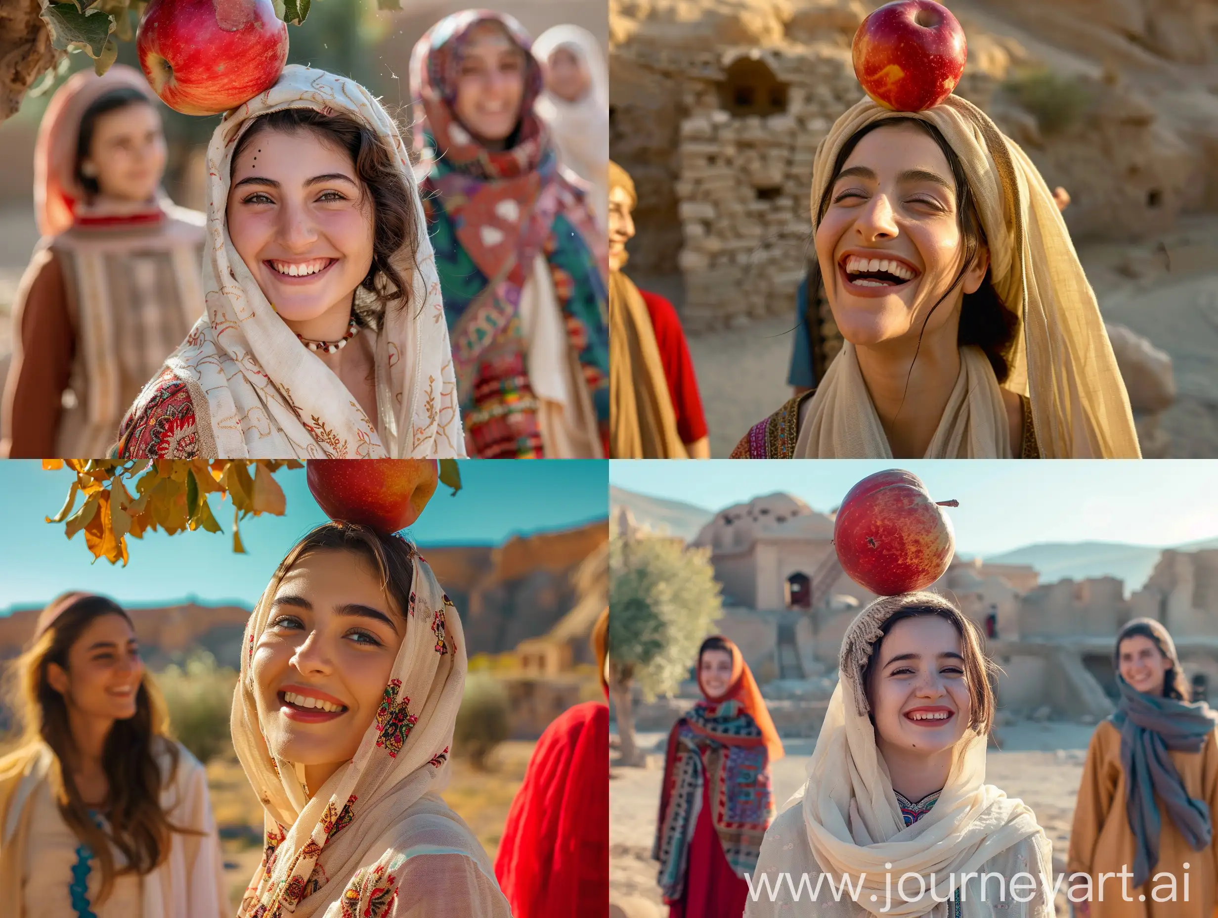 Persian-Women-Laughing-under-Giant-Falling-Apple-in-Ancient-Desert-Scene