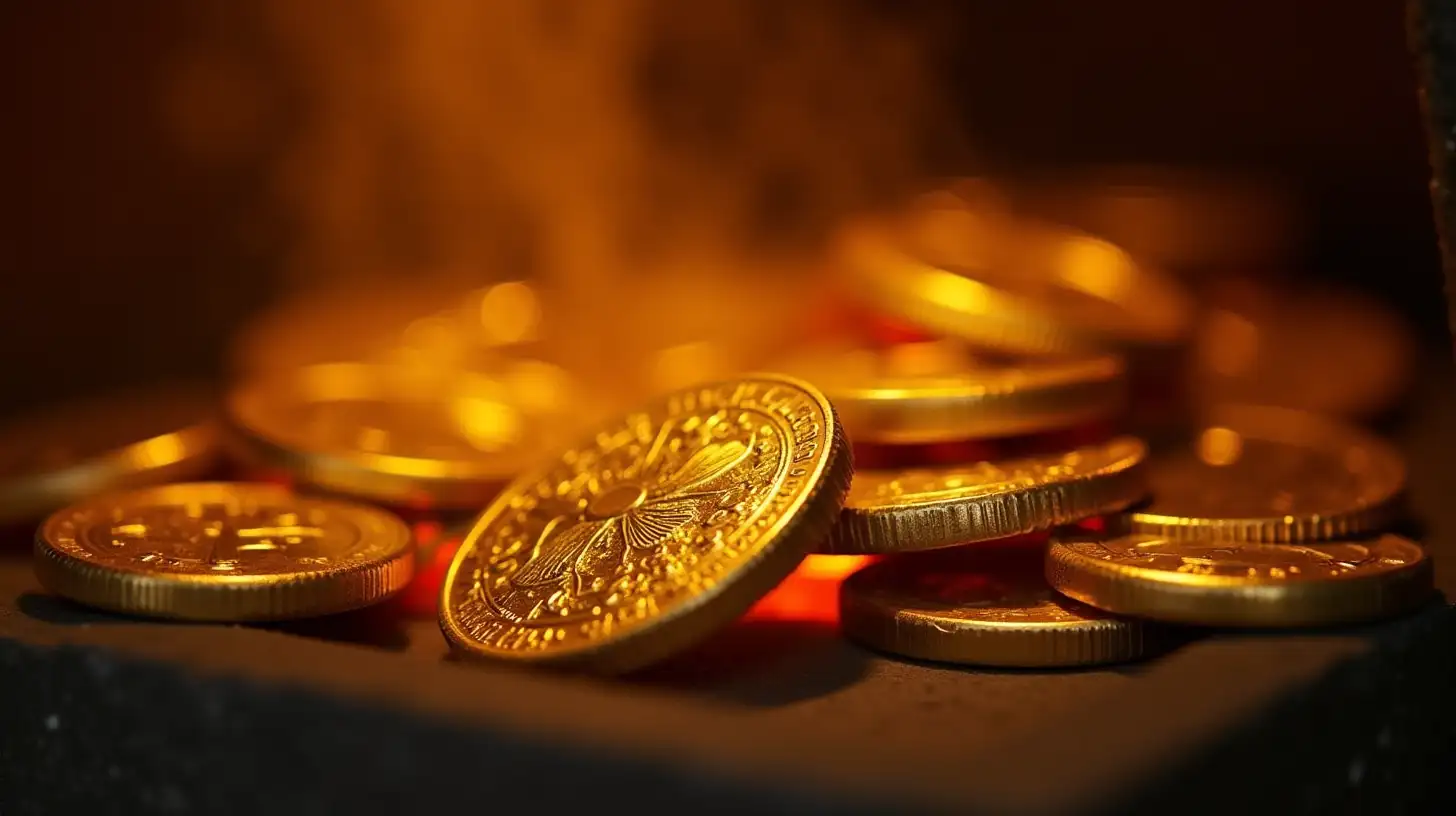 gold coins and gold bars being brought through the furnace to remove impurities