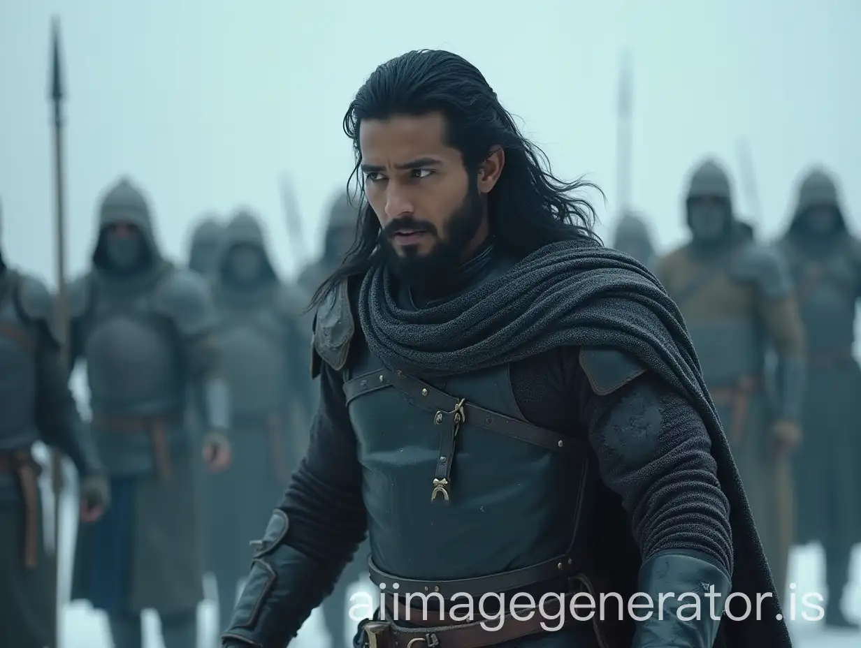 Wide Angle Shot, An Indian Male Muscular Warrior Combating against Gang of Enemies. Cover with Full Black Body Armour Suit, Handsome, Long Black Hair. Snowy Foggy Weather.