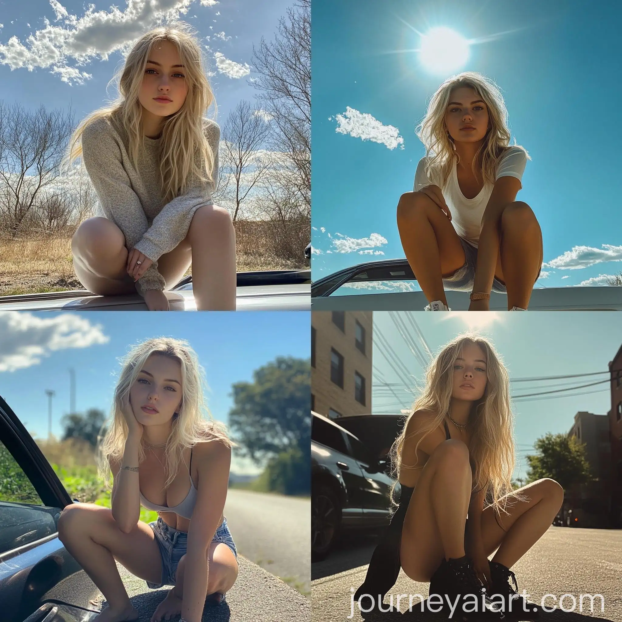 Blonde-Woman-Squatting-Above-Car-on-Sunny-Day