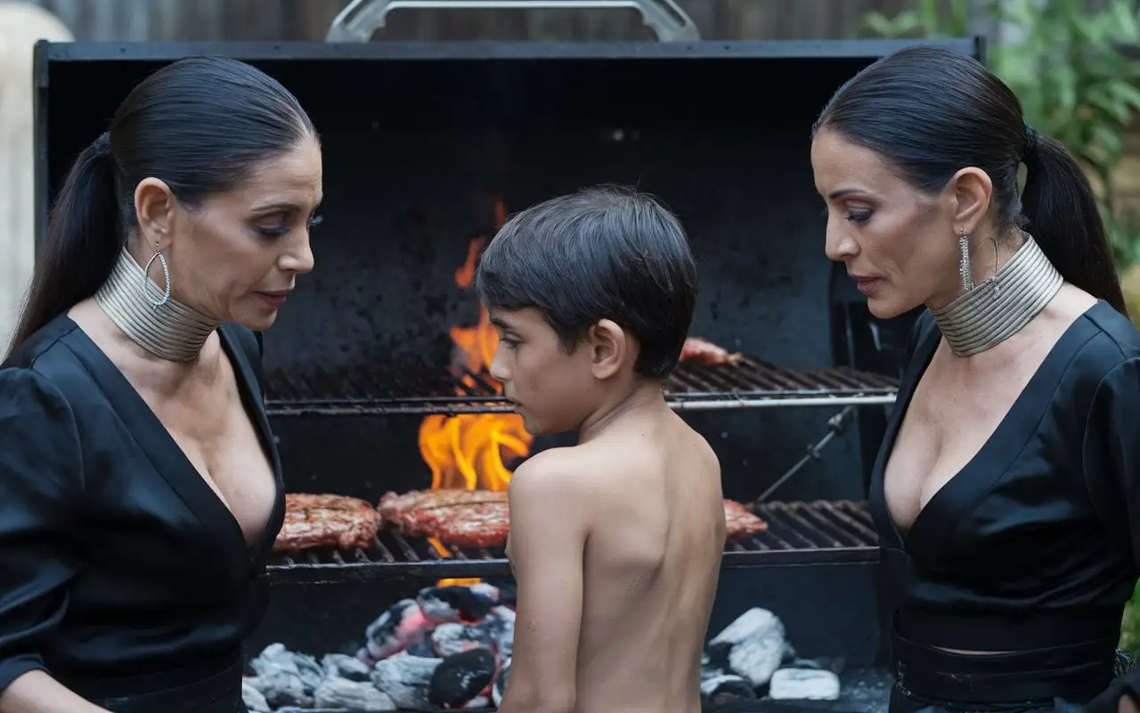 Summer Backyard. Two very beautiful Evil mature  smiling ARABIAN females with deep necklines and hair slicked back into a ponytail (grills a boy on a large grill:1.5), big hot flame, hot coals, cinematic, photo , 4k