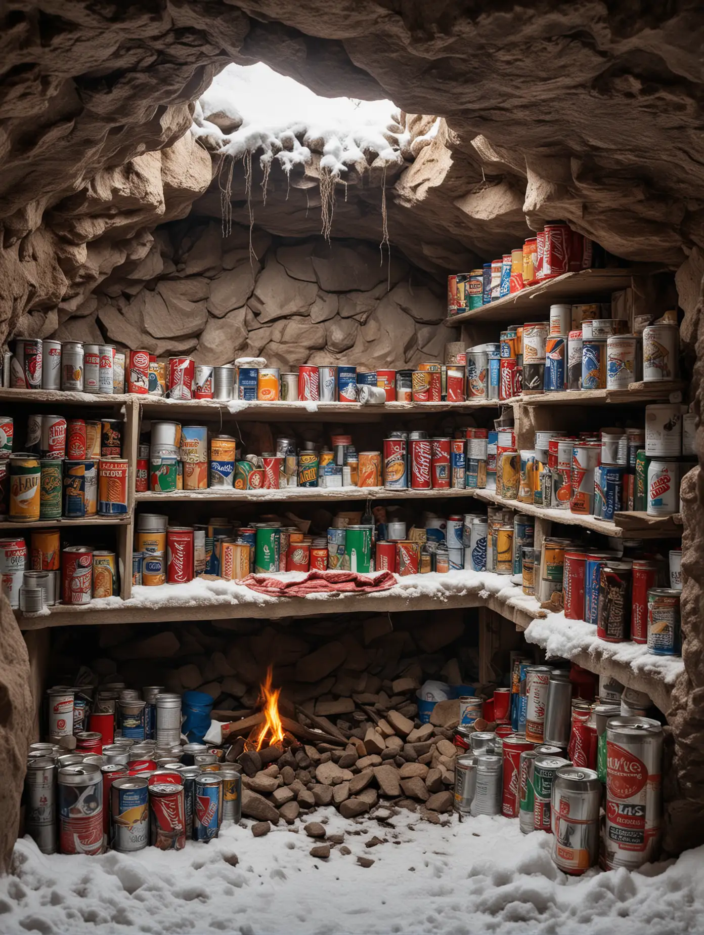 A doomsday shelter, in a cave, with shelves full of cans against the wall, a bed, a campfire, snow outside the cave, a sense of security