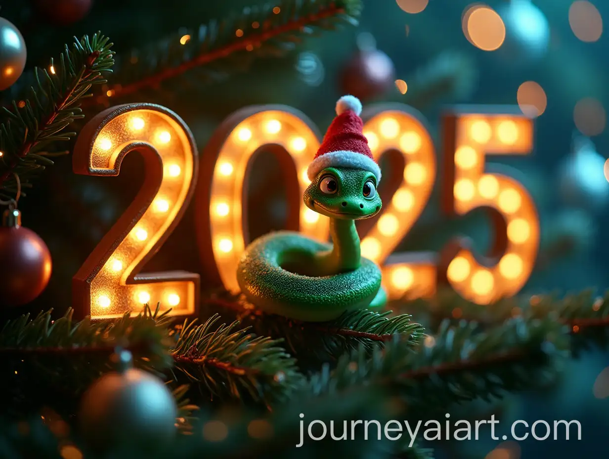 PixarStyle-Green-Snake-with-Santa-Hat-and-Glowing-2025-Numbers-Surrounded-by-Christmas-Decorations