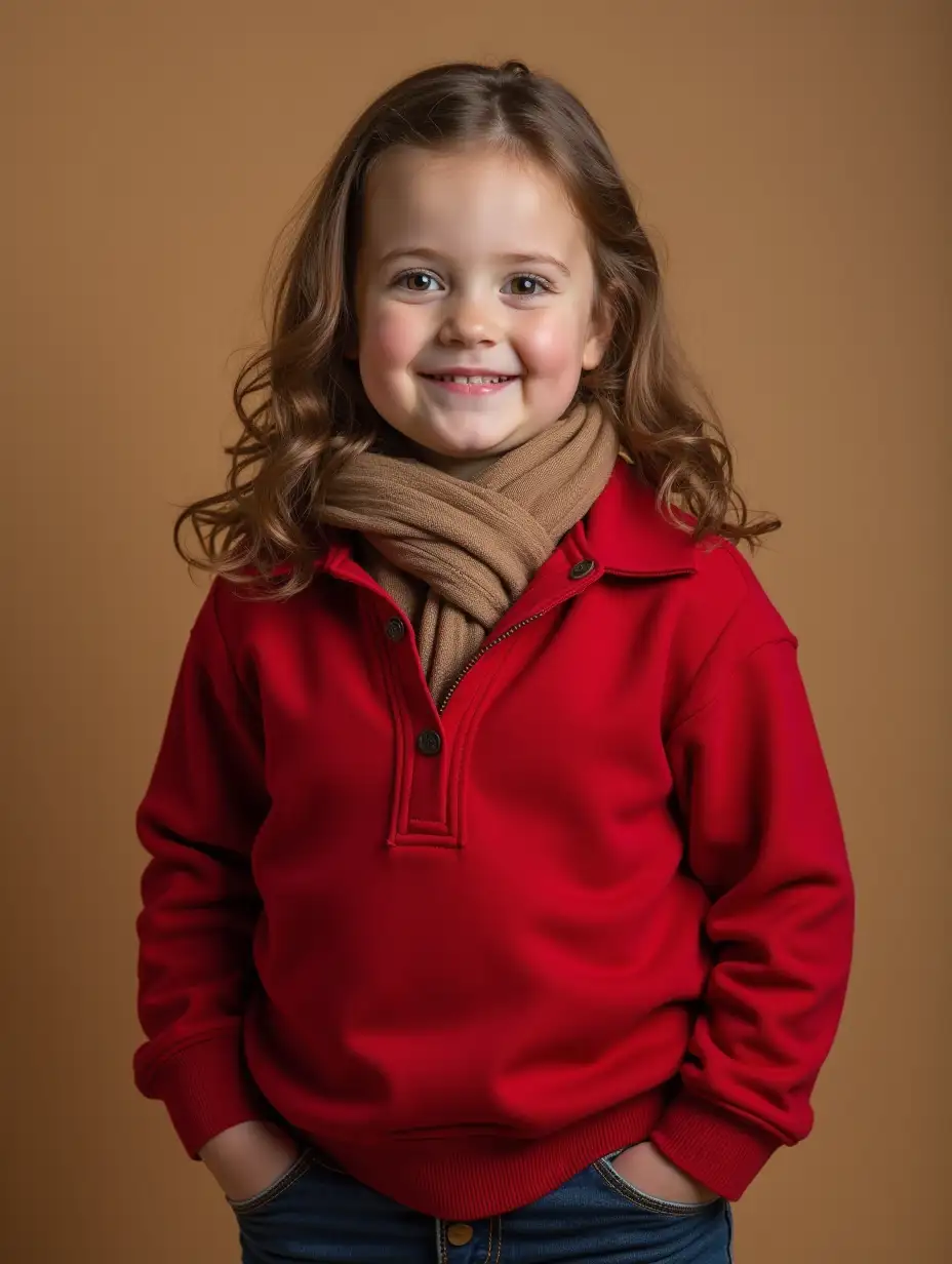 a chubby girl, red wide neck long sleeves shirt inside long sleeve polo see through not buttoned up, brown scarf