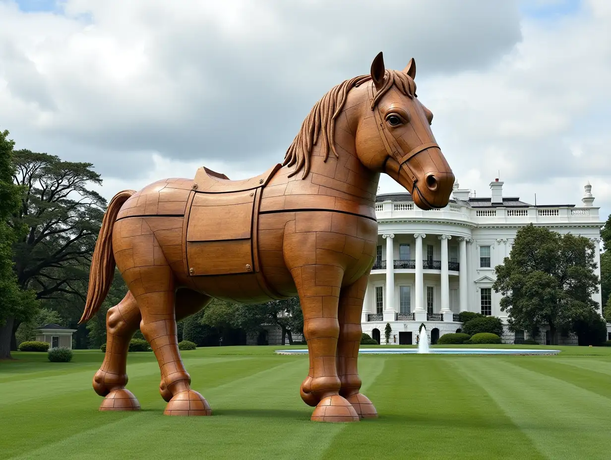 Wooden-Trojan-Horse-with-Elon-Musks-Smiling-Head-in-Front-of-the-White-House