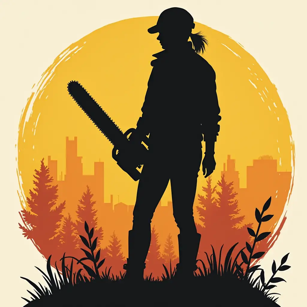 silhouette women with small chainsaw in hand without background