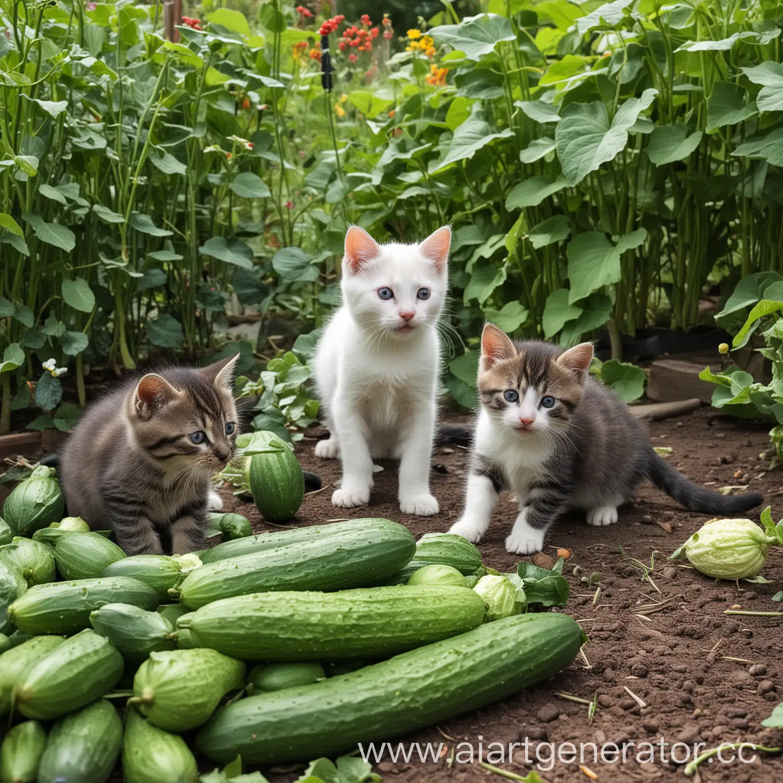 Playful-Kittens-Stealing-Cucumbers-in-a-Lush-Garden