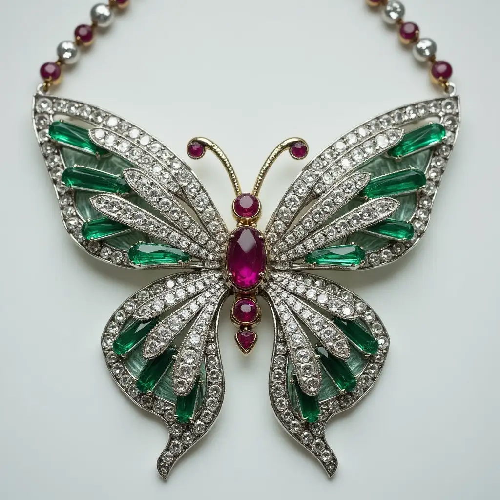 platinum, diamonds, emeralds, rubies, butterfly necklace