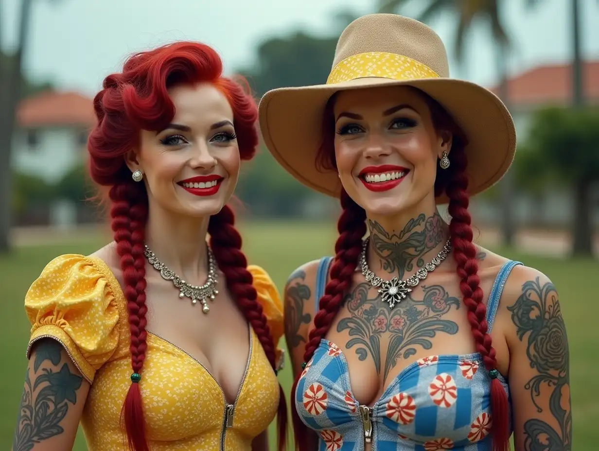 Two white, plump Pin-up girls 70 years old with red braids wear a yellow and blue checked low-cut blouse, with a light laugh on their mouth, Tattoos, golden top hat, red lipstick emphasizes their smile, modern jewelry, black skin, and carnation in hand, in a park with many houses in Brazil Cyberpunk